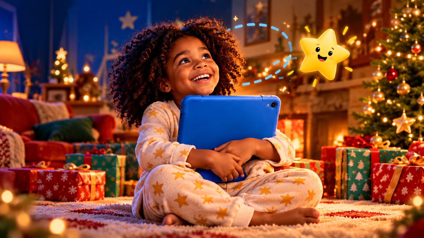 A smiling child in star pajamas hugging a blue Wayoosee tablet beside a glowing Christmas tree