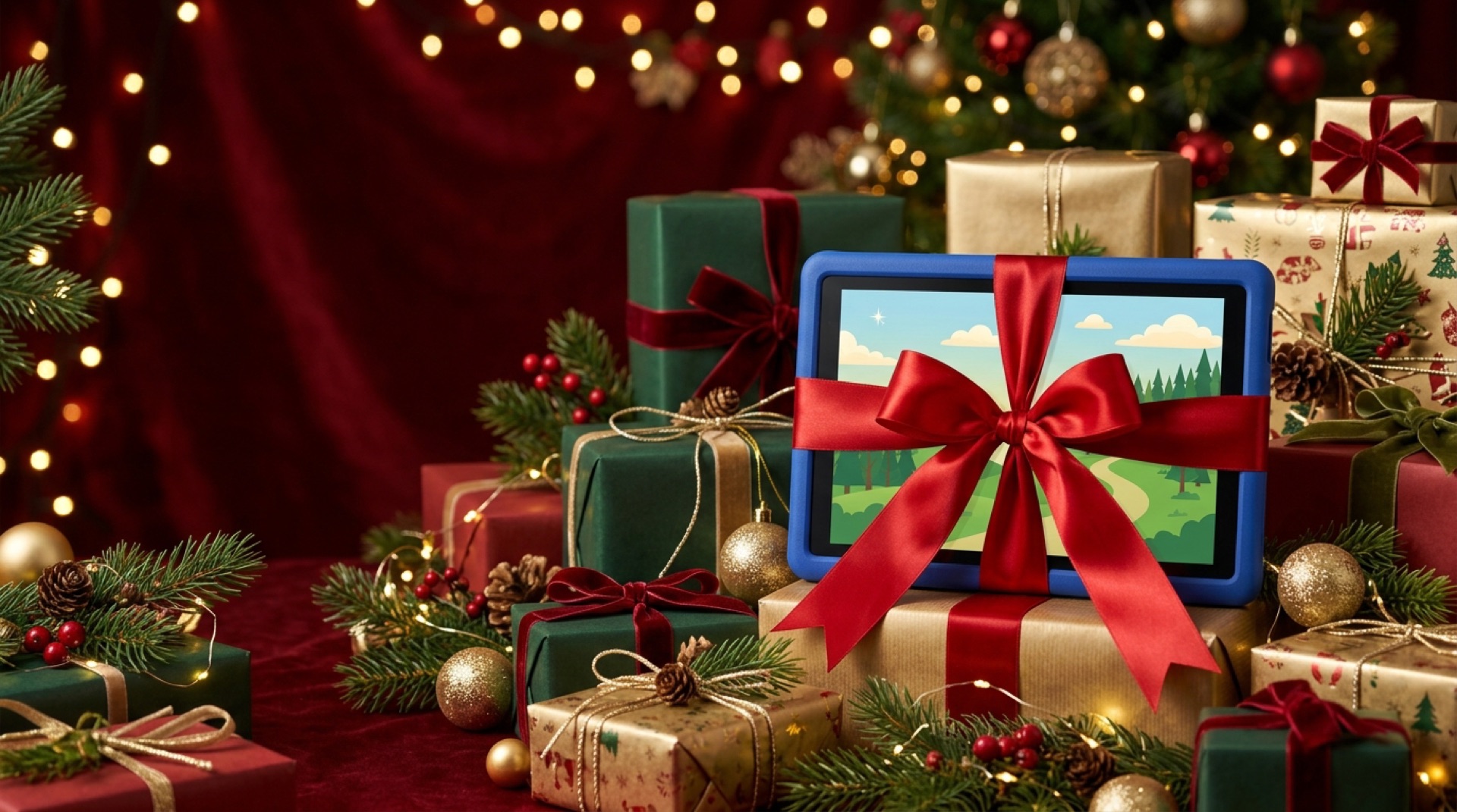 A blue Wayoosee tablet wrapped with a red bow among Christmas gifts and twinkling lights